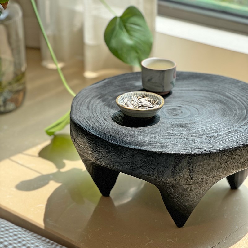 侘寂实木飘窗小茶台圆形茶几地台茶桌榻榻米桌子炕桌炕几矮桌