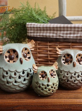 复古乡村风格陶瓷釉面猫头鹰装饰烛台创家意居摆件