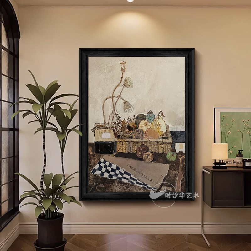 中式手绘油画花瓶莲蓬花卉静物玄关装饰画中古水果肌理画客厅挂画图片