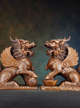 紫铜麒麟摆件一对中式家居客厅办公室装饰品摆设开业乔迁礼品