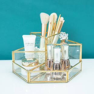 桌面工具置物盒搓条笔刷收纳筒透明玻璃品收纳盒金色欧式