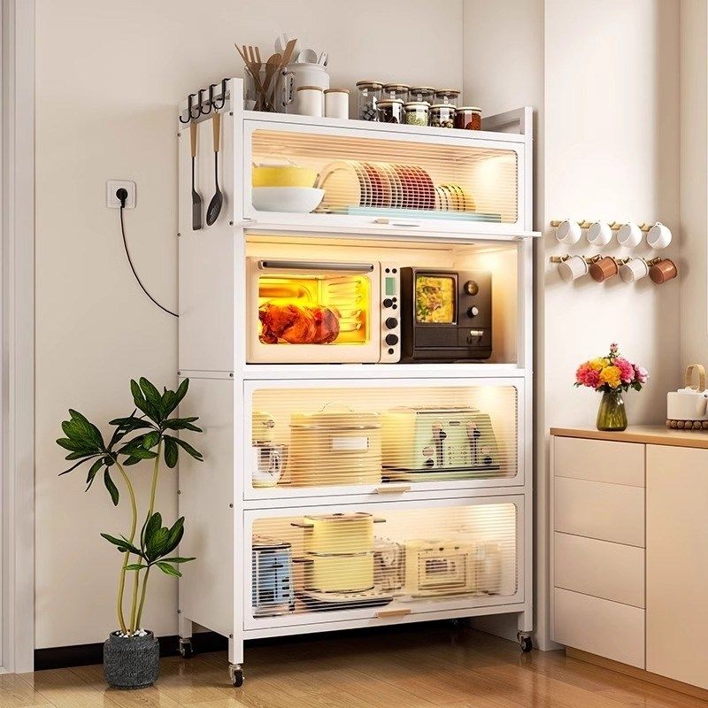 厨房防尘带门多功能落地多层收纳柜微波炉烤箱餐边柜子,厨房/烹饪用具,微波炉置物架,淘宝优惠券,粉丝福利购,淘宝优惠卷