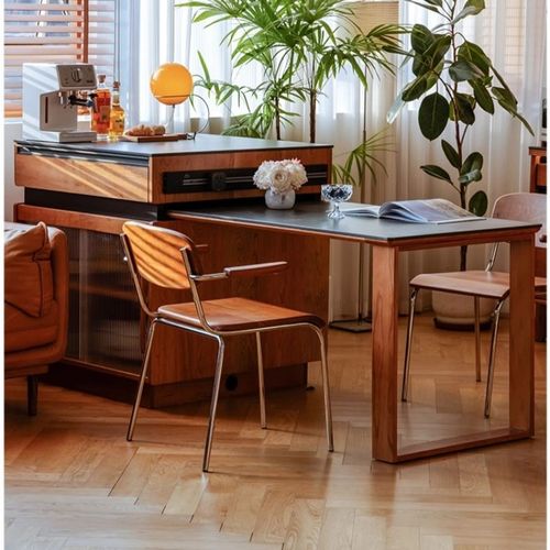 实木岛台餐桌一体可伸缩家用中古风饭桌长方形原木桌子