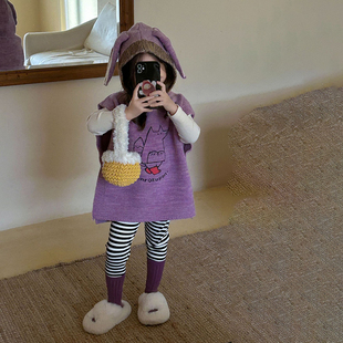 秋季新款童装女童连帽针织马甲打底衫条纹打底裤三件套儿童背心潮