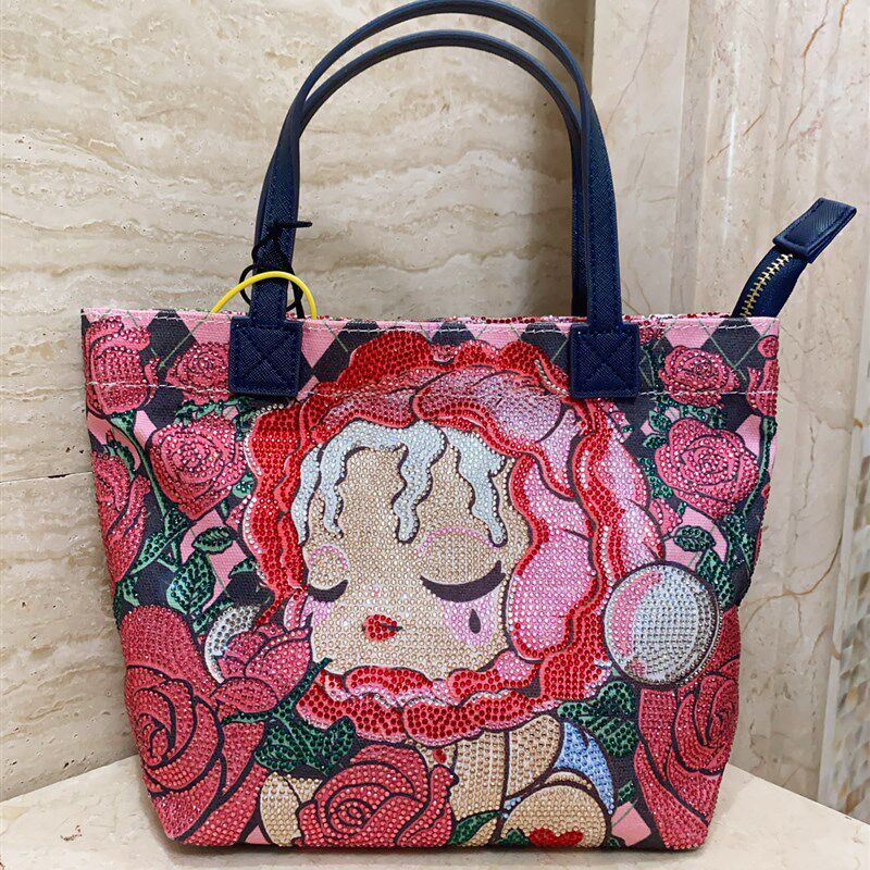 日系新款卡通可爱少女奥钻双面水钻单肩包帆布包手提女包