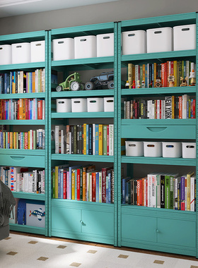 加厚碳钢蓝色书架置物架落地多层家用客厅靠墙铁艺简易收纳架a1