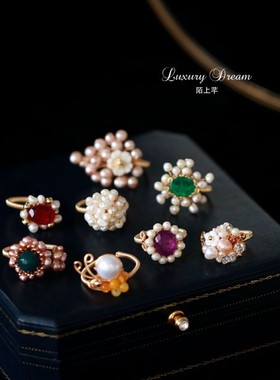 陌上芊 复古珍珠手工编织指环 开口戒指女个性时髦食指戒