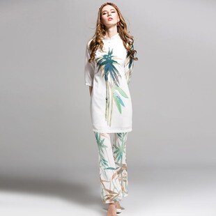 中国风休闲旗袍2件套2024春夏女翠竹印花宽松上衣阔腿裤套裤套装