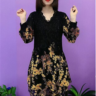 秋季新款拼接双层连衣裙长袖V领宽松显瘦时尚气质百搭中长款a字裙