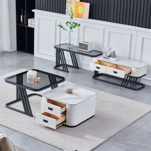 岩板茶几电视柜组合家用客厅小户型轻奢软包公寓意T式极简伸缩方