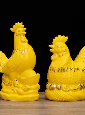 陶瓷生肖公鸡母鸡摆件一对招财风水镇宅补角吉祥物红色瓷器工艺品