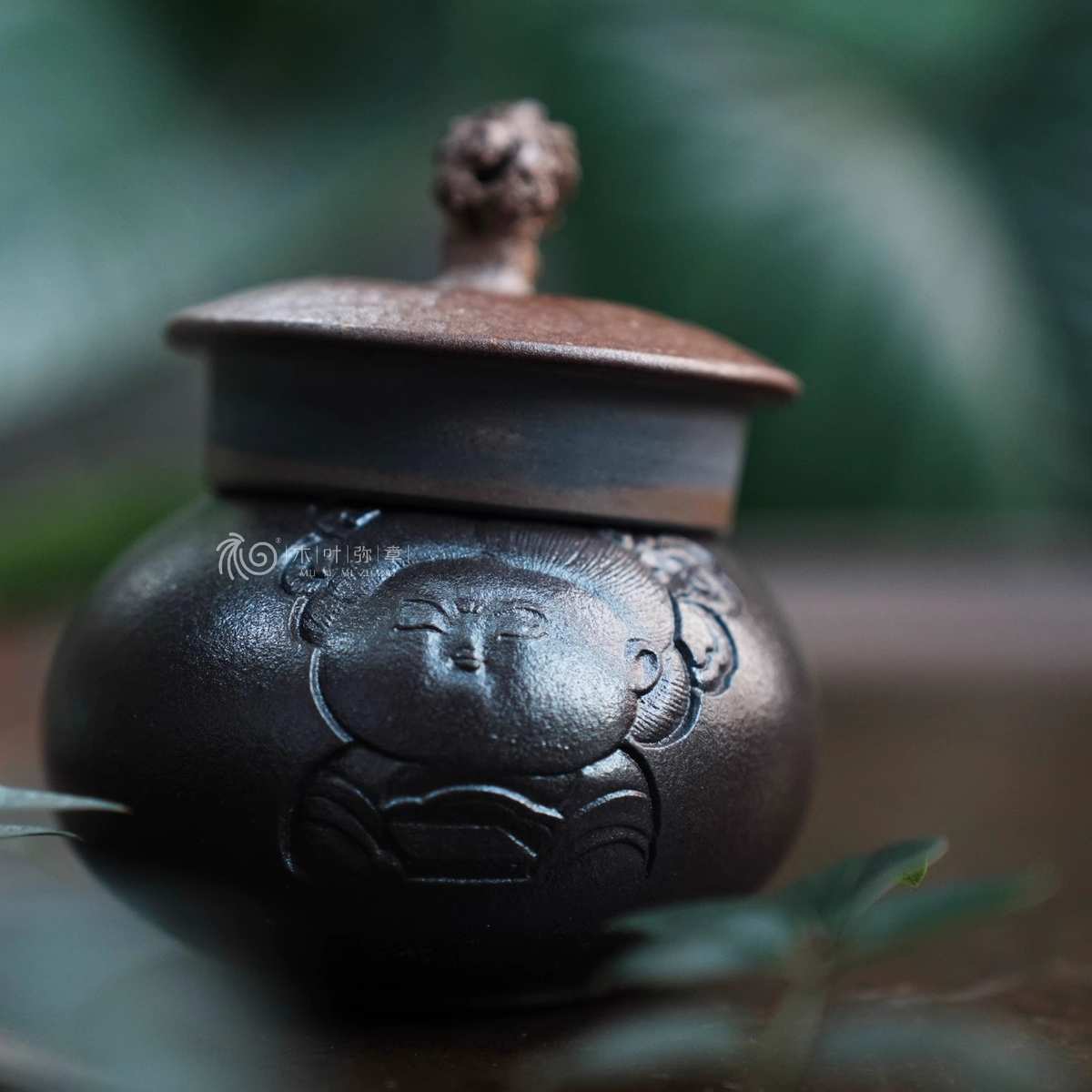 广西坭兴陶纯手工水滴盖置盖托创意摆件茶道紫砂零配件木叶弥章