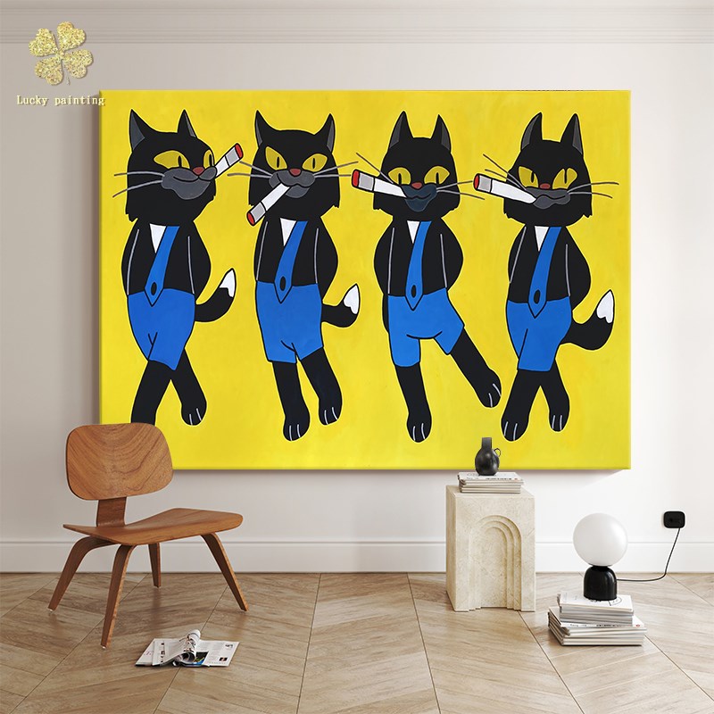 卡通个性猫咪手绘油画儿童房卧室床头装饰画玄关客厅小众艺术挂画图片