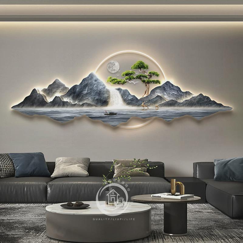 流水生财客厅装饰画轻奢高档沙发背景墙壁灯画新中式大气山水挂画图片