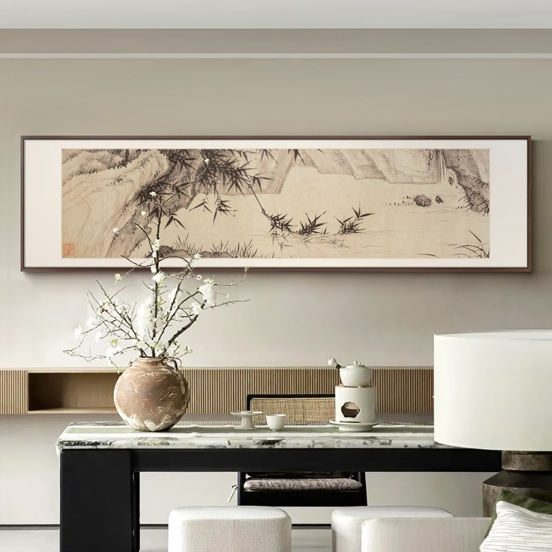 新中式办公室背景墙长条装饰画民宿茶室禅意山水风景书房横幅挂画图片
