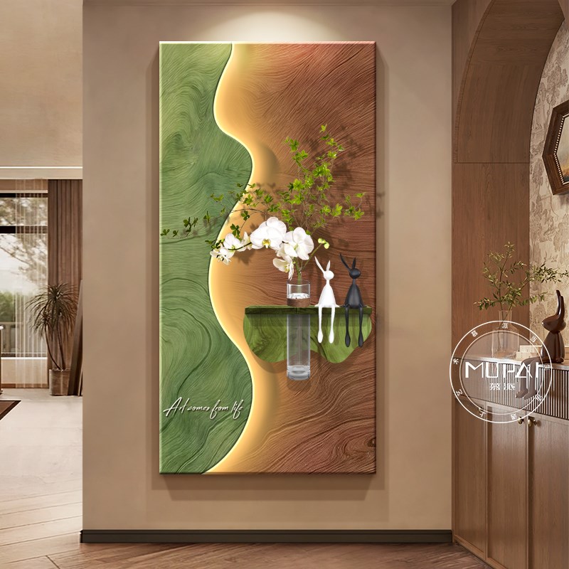 中古风水培绿植入户正对门玄关装饰画2025新款高端走廊过道壁画灯图片