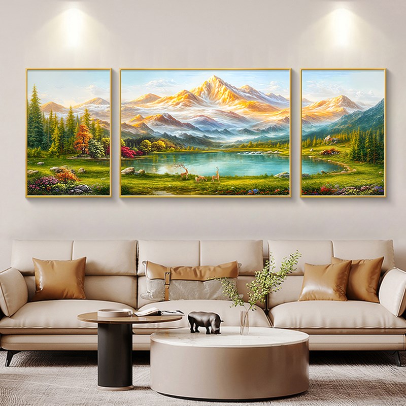 聚宝盆客厅装饰画大芬村油画手绘沙发背景墙挂画大气山水风景壁画图片
