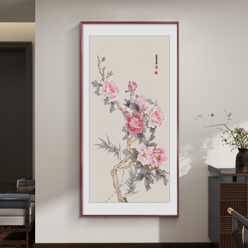 花开富贵玄关挂画新中式走廊过道装饰画大气牡丹花壁画手绘国画图片
