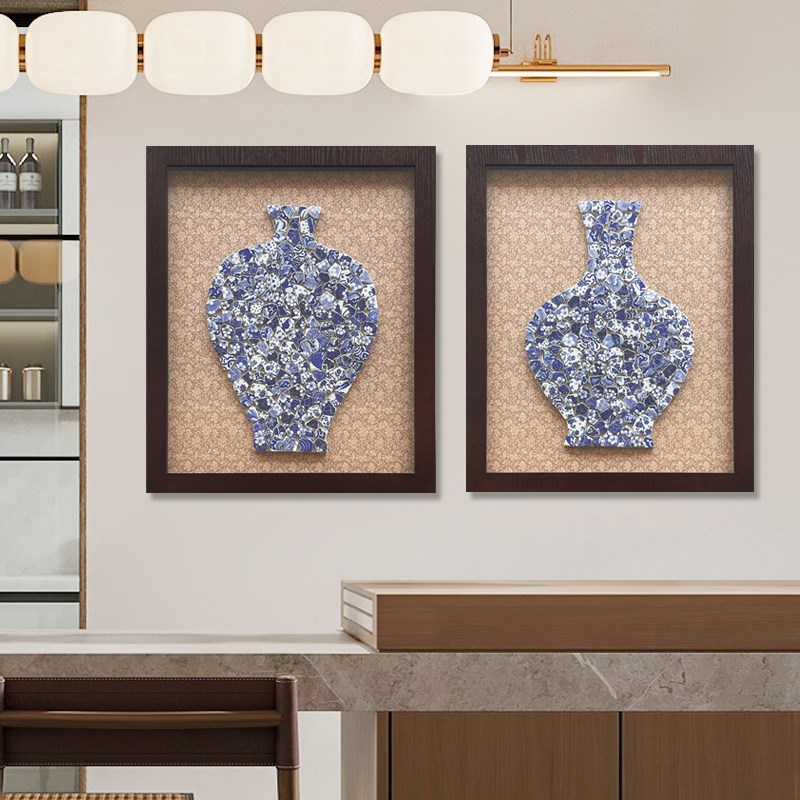 青花瓷实物画客厅装饰画沙发背景墙画新中式挂画餐厅画玄关画竖版图片