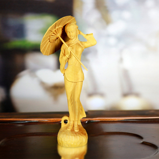黄杨木雕撑伞美女摆件中式家居装饰品实木手把玩件江南烟雨