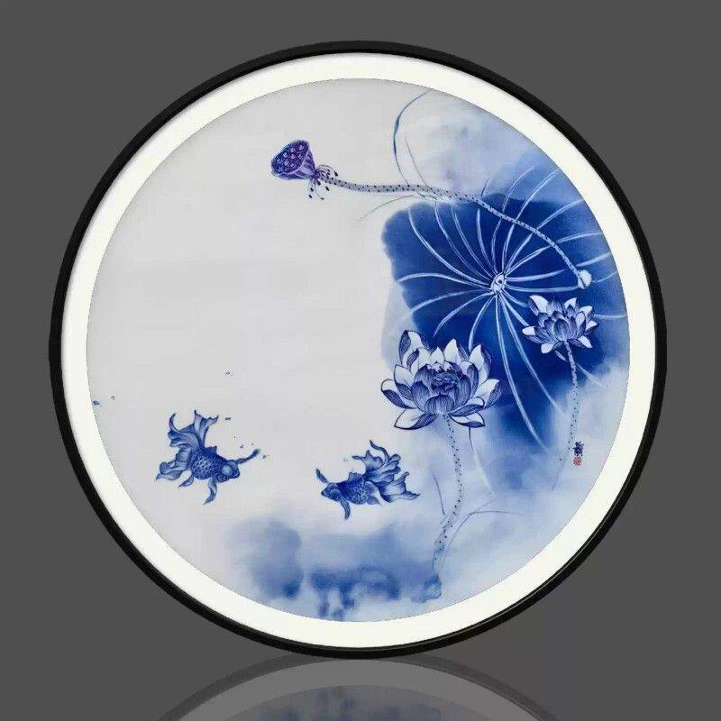 手绘青花荷塘金鱼圆框陶瓷装饰画装饰瓷板画中式玄关茶室客厅挂画