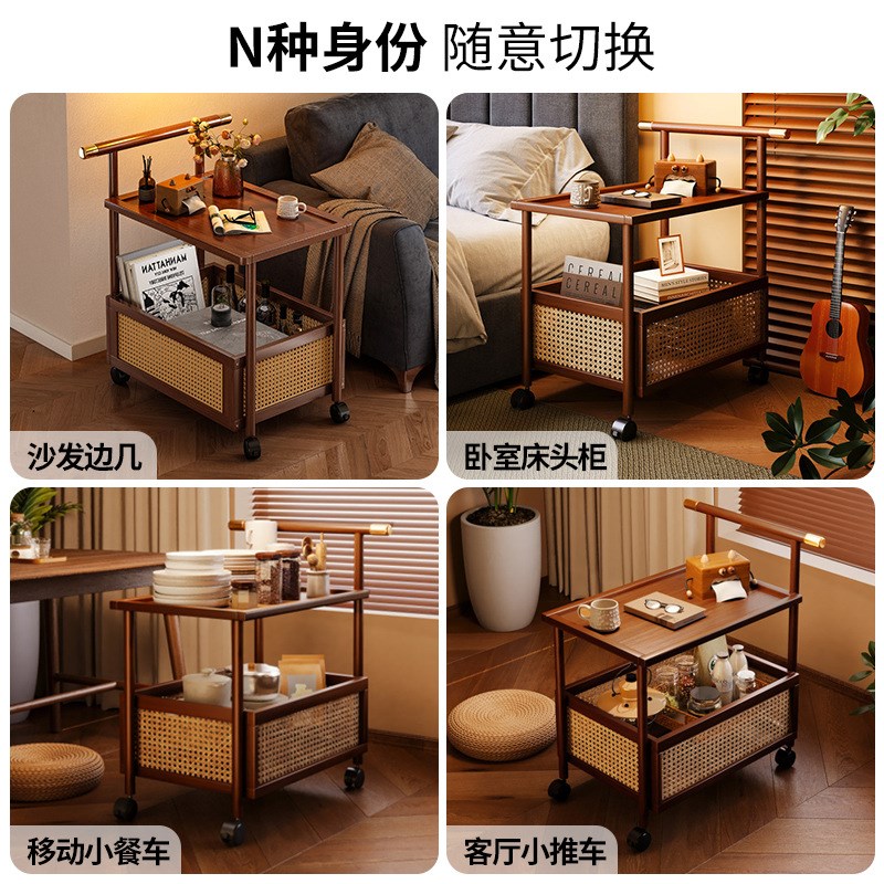 可移动复古小推车沙发边几客厅家用茶几侧边柜卧室床头藤编置物架