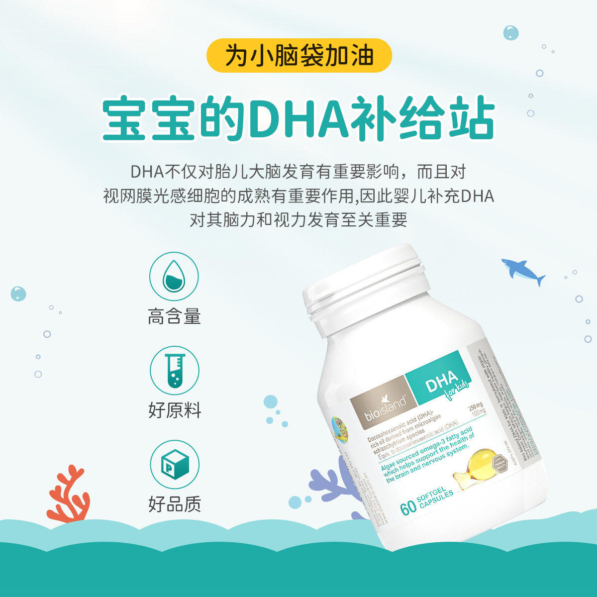 澳洲BIOISLAND佰澳朗德儿童DHA海藻油软胶囊60粒促大脑发育儿童用,婴童食品,DHA/鱼油/藻油,淘宝优惠券,粉丝福利购,淘宝优惠卷