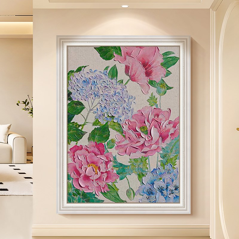 奶油风复古牡丹客厅装饰画立体肌理花卉植物手绘油画静物玄关挂画图片