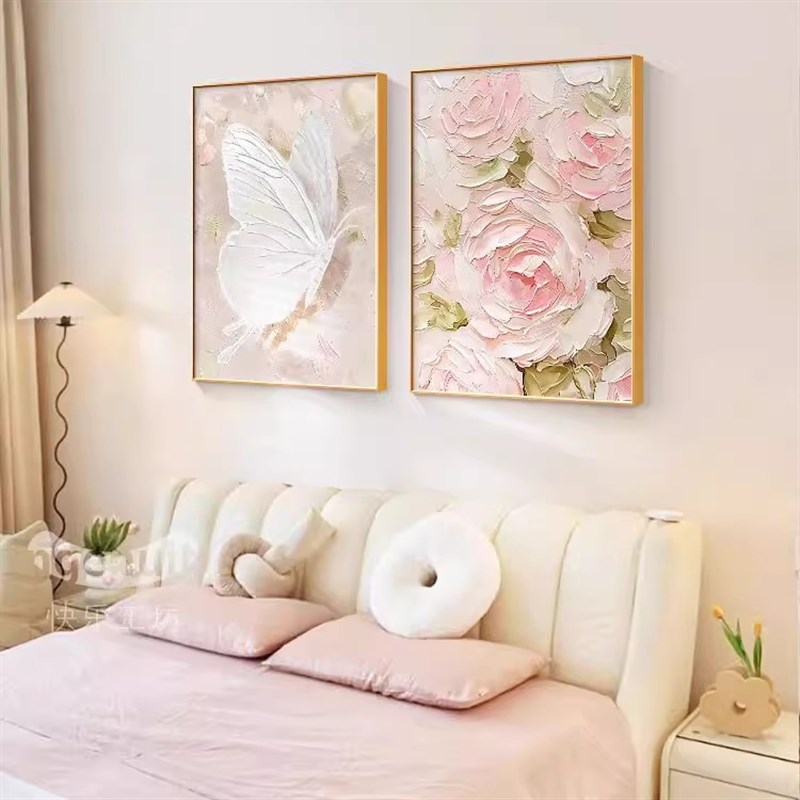 奶油风卧室装饰画郁金香壁画主卧床头背景墙挂画2024新款蝴蝶粉色图片