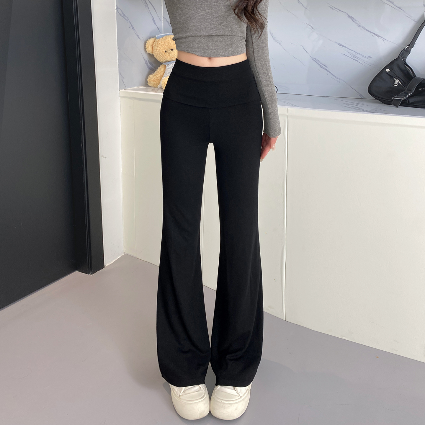 黑色翻腰微喇运动裤子女秋2025新款小个子低腰瑜伽卫裤休闲