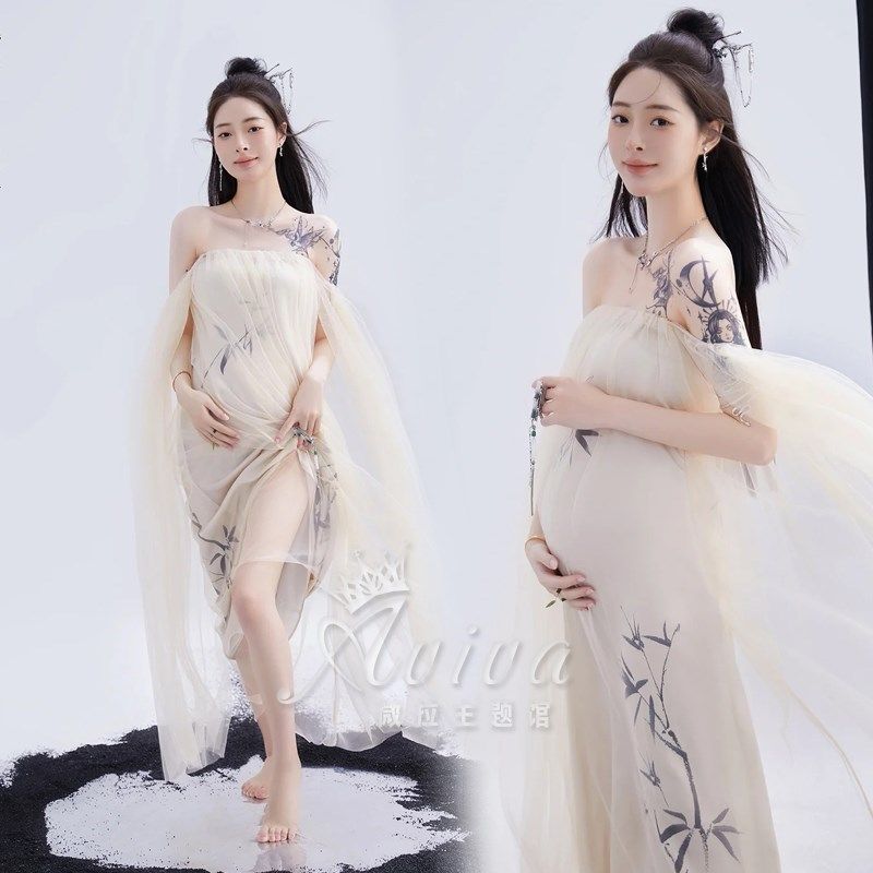 2022新款复古国风水墨画艺术孕妇装写真拍照服装一字肩连衣裙礼服