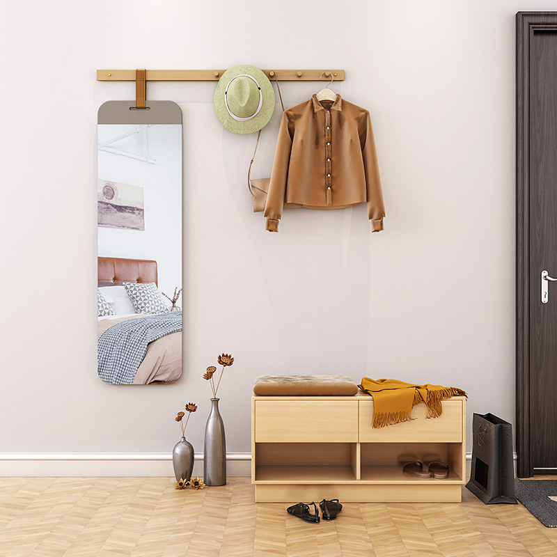 入户玄关衣帽架镜子贴墙全身镜一体带穿衣镜ns试衣镜实木挂衣架