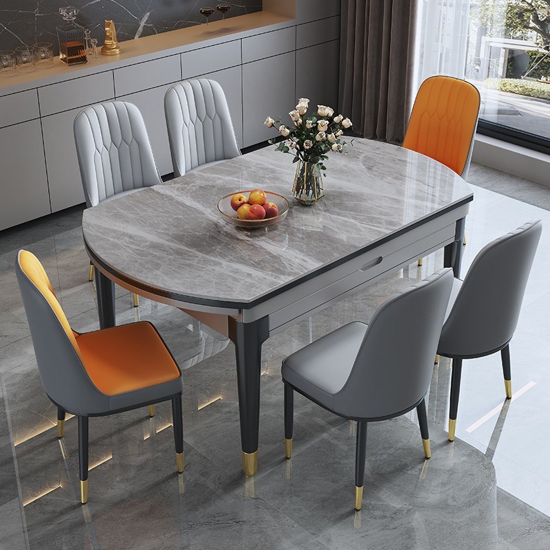 现代简约岩板实木餐桌椅组合轻奢伸缩折叠家用小户型带电磁炉饭桌