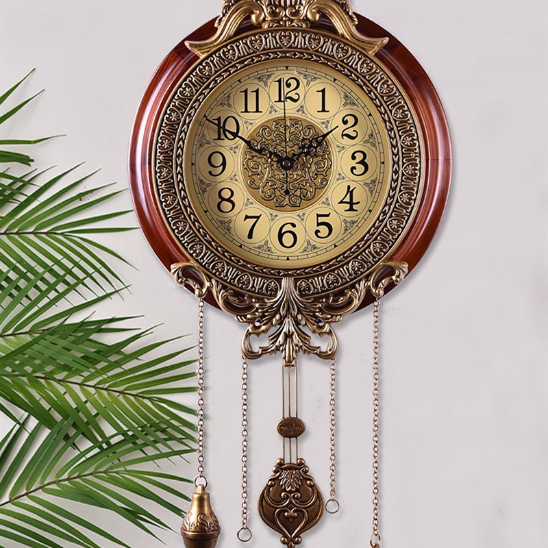 创意实木静音挂钟 欧美式大号个性石英钟 时尚简约客厅钟表