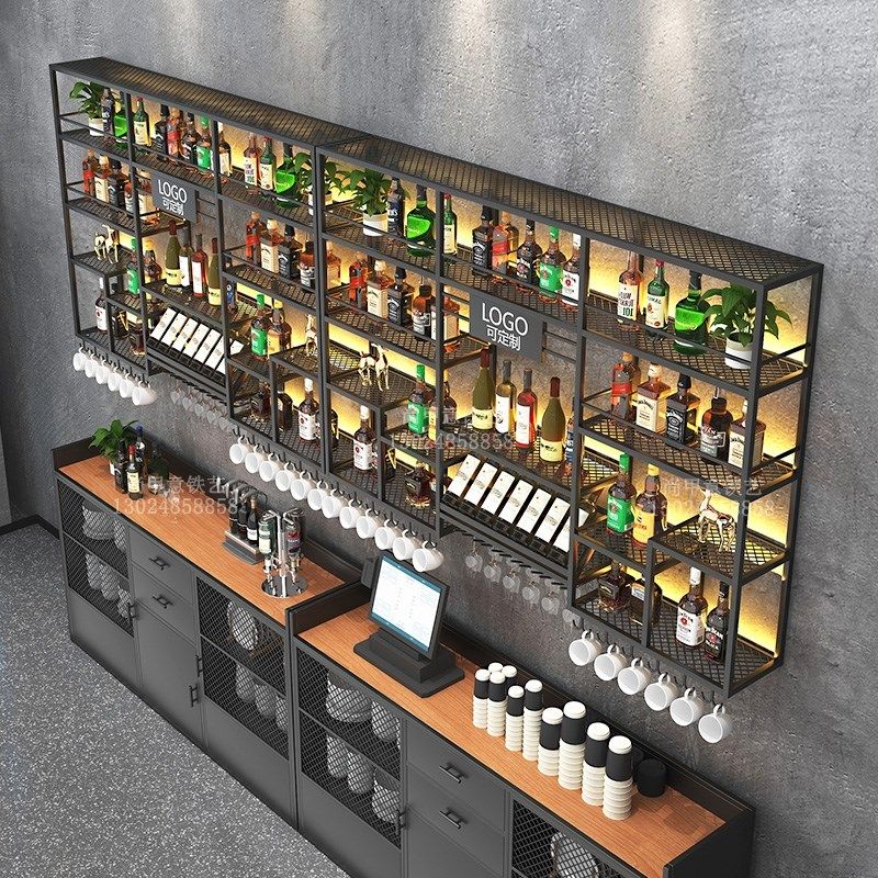 吧台壁挂酒架餐厅靠墙置物架酒吧酒水红酒杯收纳架工业风铁艺定制