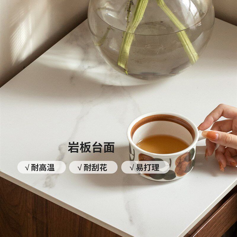 源氏木语实木电视柜边柜黑胡桃木岩板储物柜家用客厅立柜展示柜