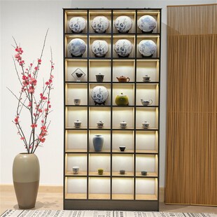 定制胡桃色博古架带灯格子架茶叶带灯壁挂落地多宝阁茶壶水杯展示