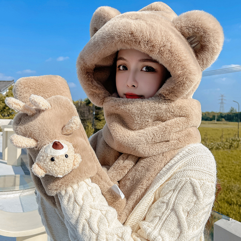 小熊帽子女秋冬季冬天亲子儿童毛绒帽围巾手套一体三件套防寒帽