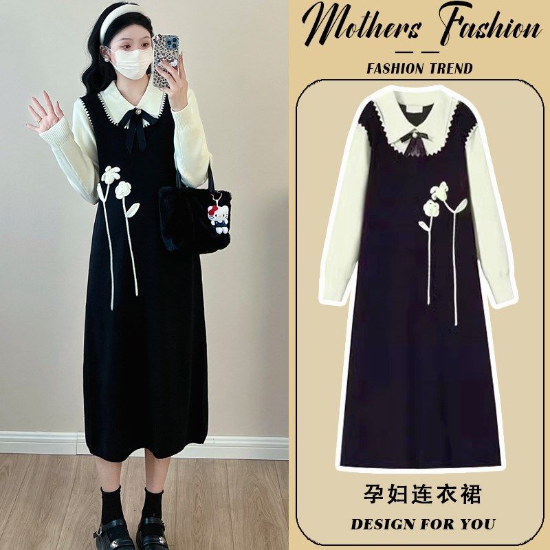 孕妇连衣裙2024新款秋冬黑色时尚显瘦假两件拼接中长款针织毛衣裙,孕妇装/孕产妇用品/营养,连衣裙,淘宝优惠券,粉丝福利购,淘宝优惠卷