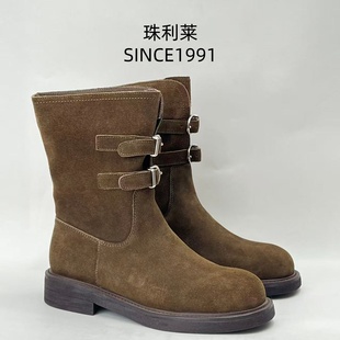 珠利莱2025秋冬季新款真皮复古圆头粗跟百搭英伦时尚休闲靴女鞋