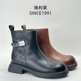 珠利莱2025秋冬季新款真皮复古侧拉链百搭英伦时尚马丁靴女鞋