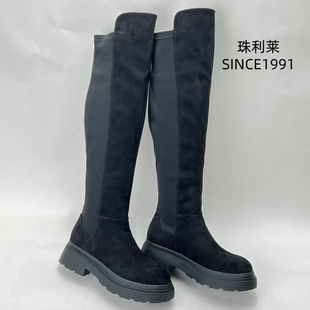 珠利莱2025秋冬季新款粗跟厚底复古圆头百搭英伦时尚弹力靴女鞋
