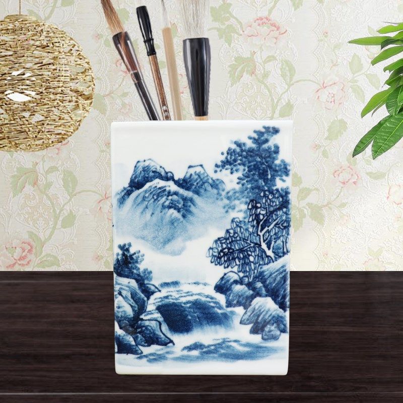 陶瓷摆件手绘青花瓷超大笔筒中式书房收纳书桌画笔花瓶,家居饰品,桌面摆件,淘宝优惠券,粉丝福利购,淘宝优惠卷