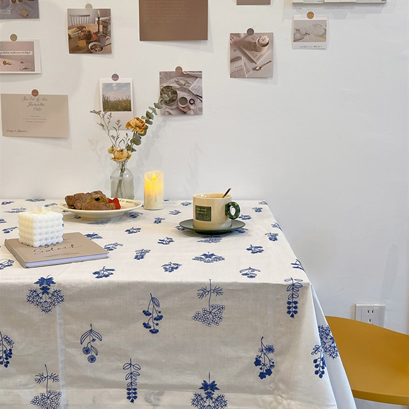 韩式小清新桌布蓝花刺绣日式棉麻白色盖巾茶几布田园圆桌复古装饰