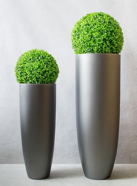 花器摆件现代室内家居酒店商场装饰品玻璃钢银灰色圆形落地大花瓶