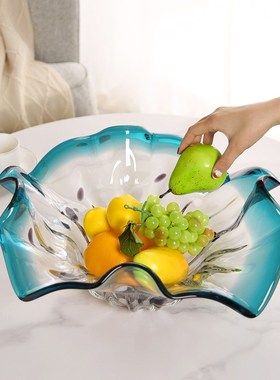 轻奢荷叶琉璃艺术果盘茶几糖果干果盘客厅装饰餐桌样板间玄关摆件