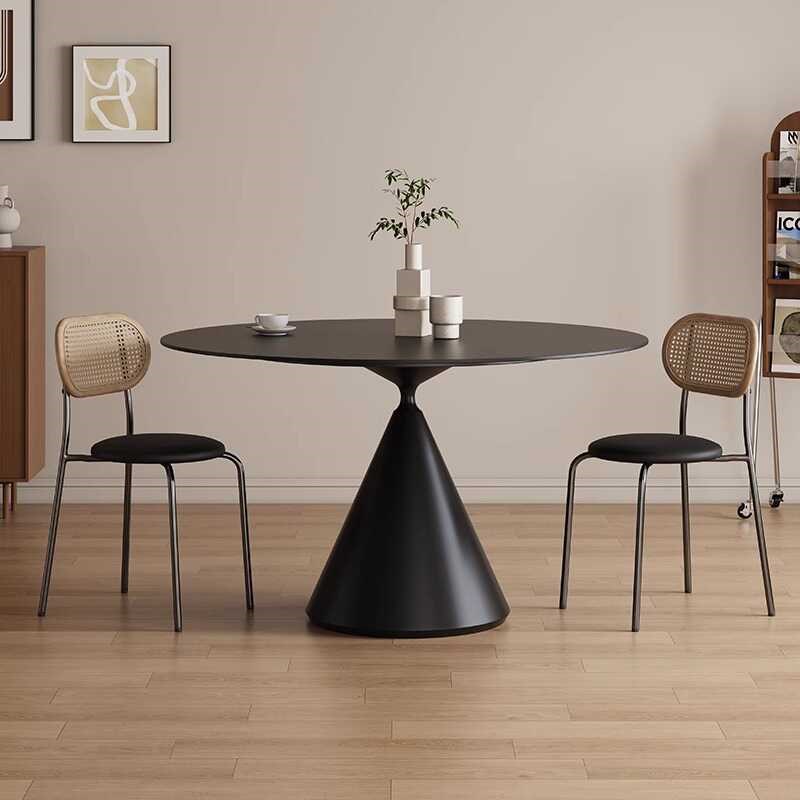 法式复古岩板桌子现代简约纯黑白圆桌小户型家用餐桌椅组合圆桌子