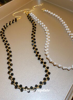 真金电镀水晶珍珠缠绕双层项链韩国气质高级感锁骨链时尚项饰