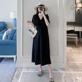 薄款 孕妇连衣裙2023时尚 V领夏季 中长款 雪纺宽松裙子 纯色气质韩版