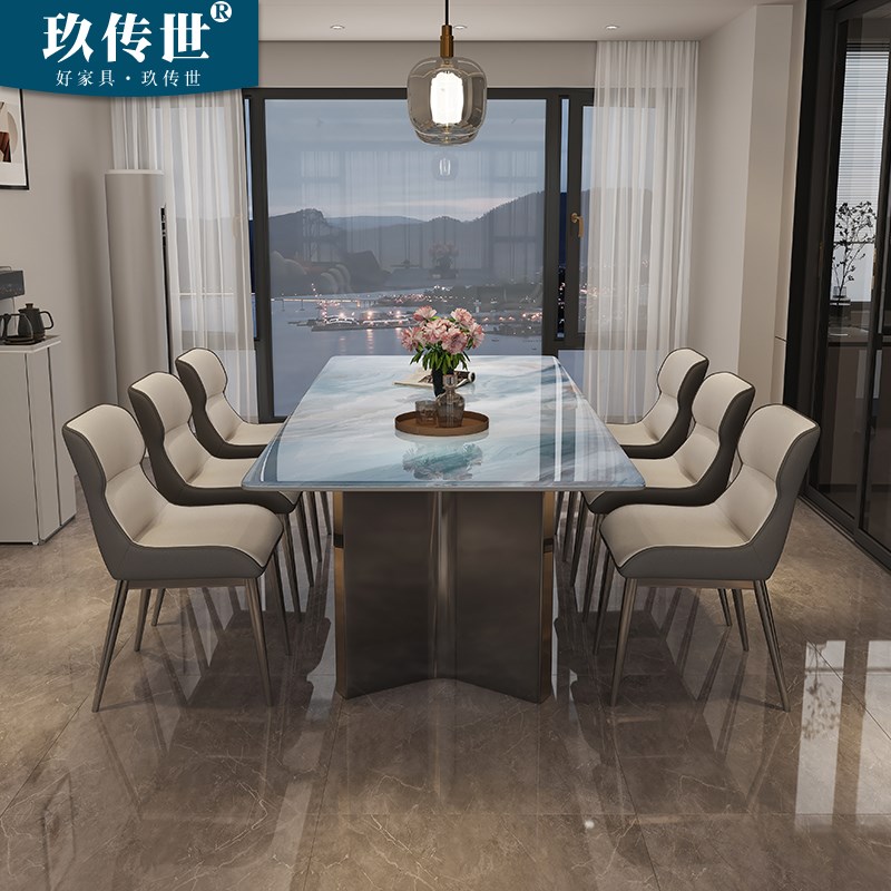 新款高端奢石岩板餐桌现简约小户型家用长方形洞石岩板吃饭桌子
